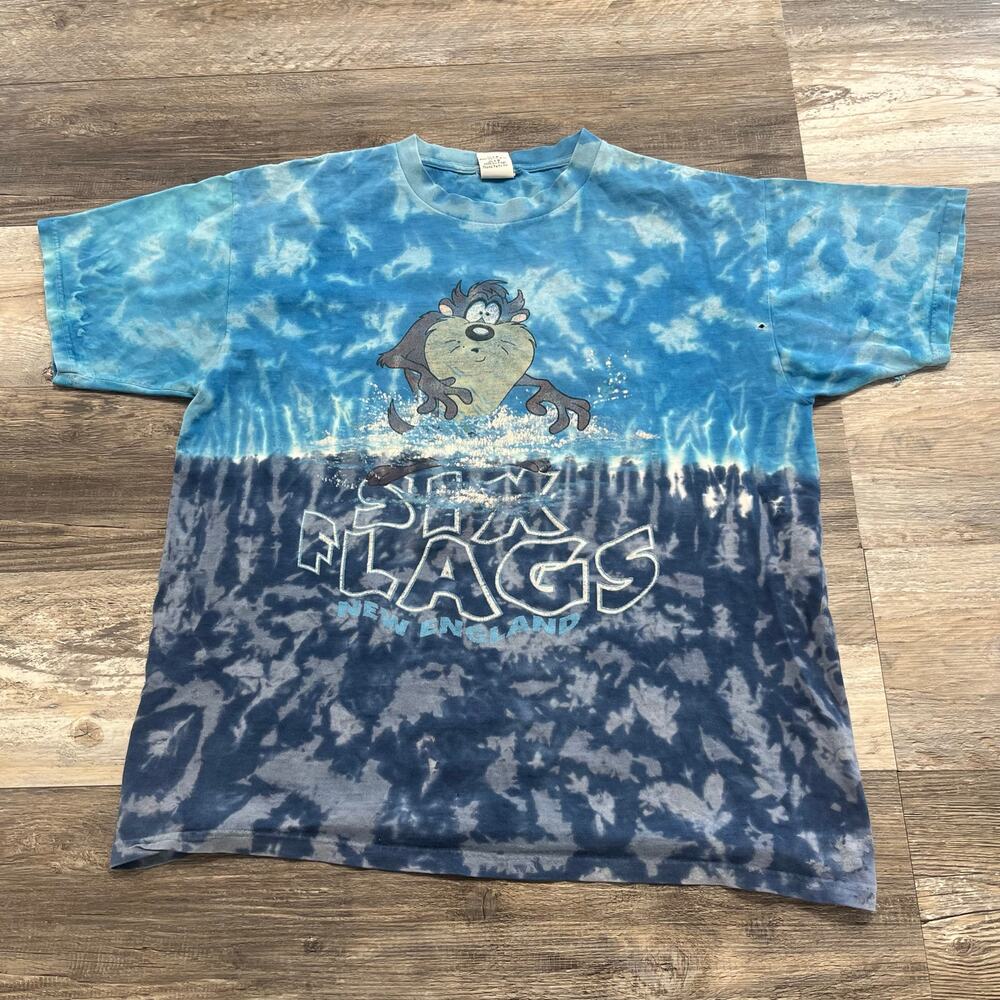 Vintage Six‎ Flags Blue Mens XL Tye Dye Taz Mania Looney Tunes T-shirt 90s